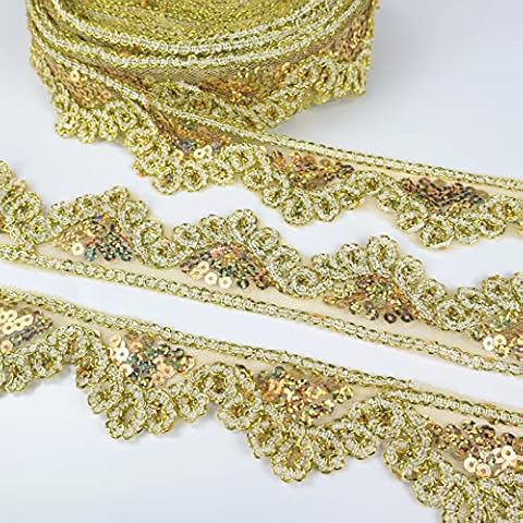 SEWDIYTR Gold Beaded Lace Trim Sequin Ribbon Sewing Lace for Crafts, Clothing Decoration (10 Yards) Cover
