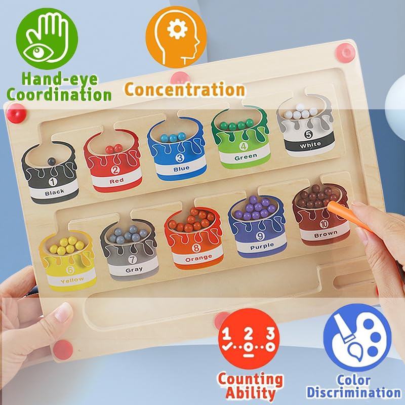 Magnetic Color and Number Maze, Wooden Montessori Magnetic Puzzles Toddler Color Matching Counting Learning Toys for Boys Girls 3 4 5 Years Old - Image 3