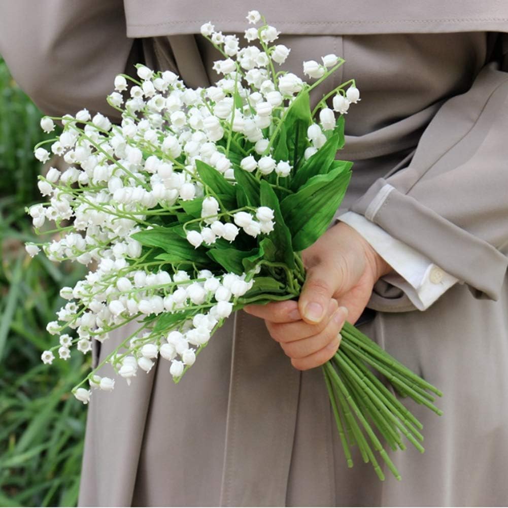 Qivine 18Pcs Artificial Lily of The Valley, White Chimes Orchid, Lily of The Valley Plant, Wedding Bouquet Latex Flower, Artificial Flora for Home, Party Wedding Decor Indoor
