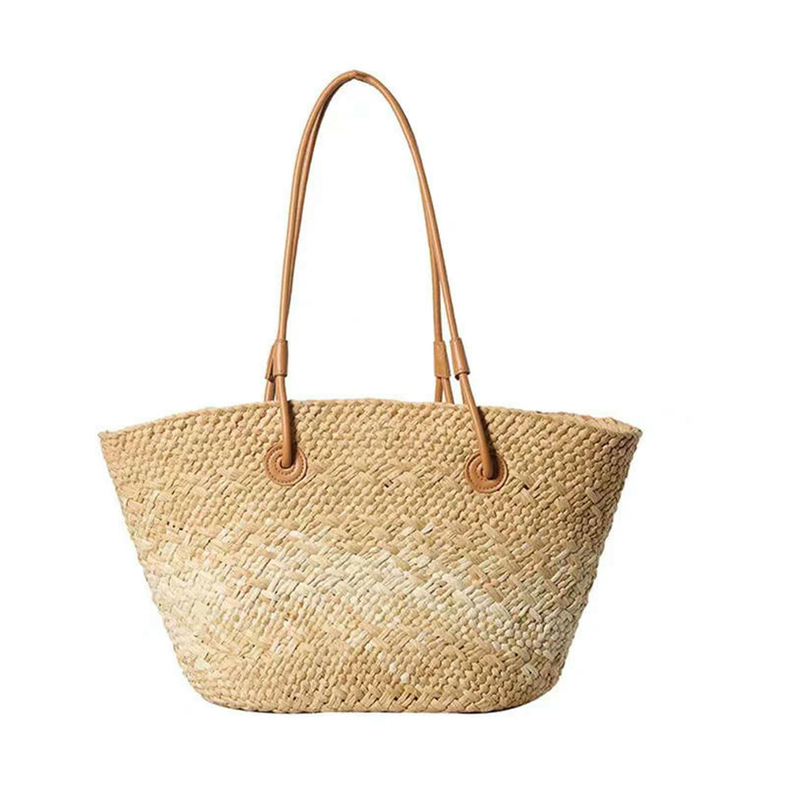 Strohtaschen Damen Shopper Gradientenfarben Gewebte Tasche Summer Textur Vielseitige Kapazität Einfacher Freizeit -Strand -Reise -strohbeutel-rosa