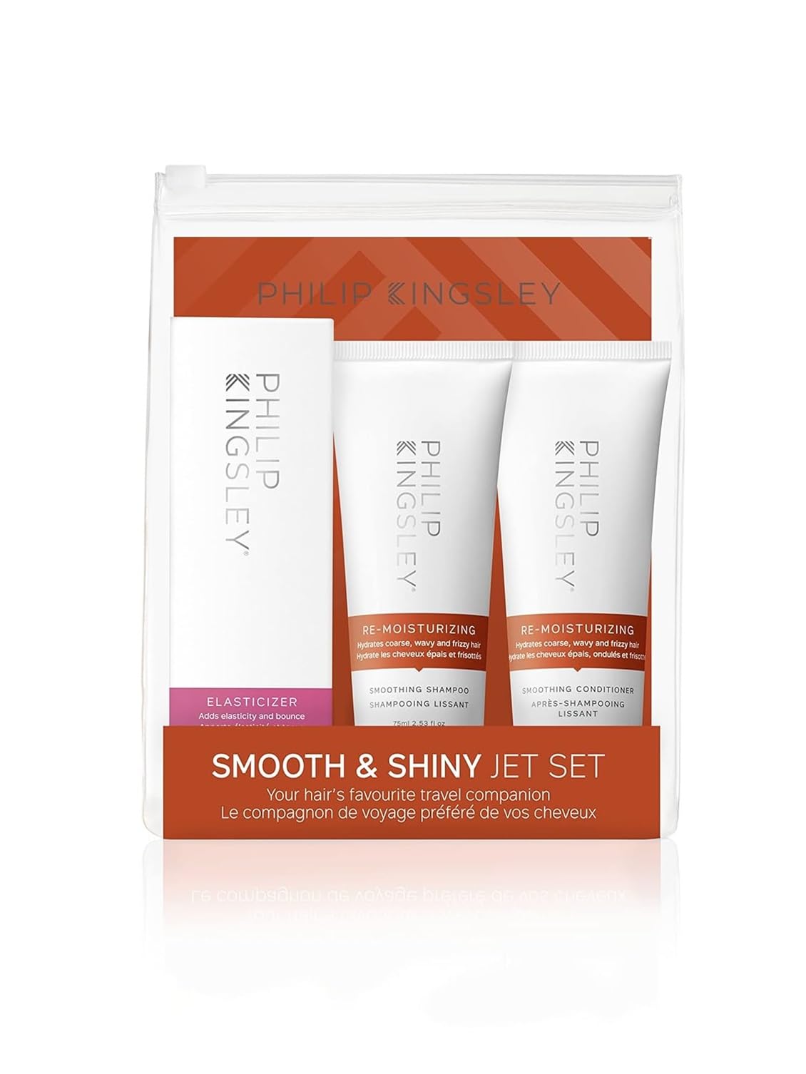 Philip Kingsley | Set da viaggio per la cura dei capelli lisci e lucenti | Include Shampoo e Balsamo Idratante Re ed Elasticizer | Idrata i capelli ruvidi, mossi e crespi | 3 x 75ml