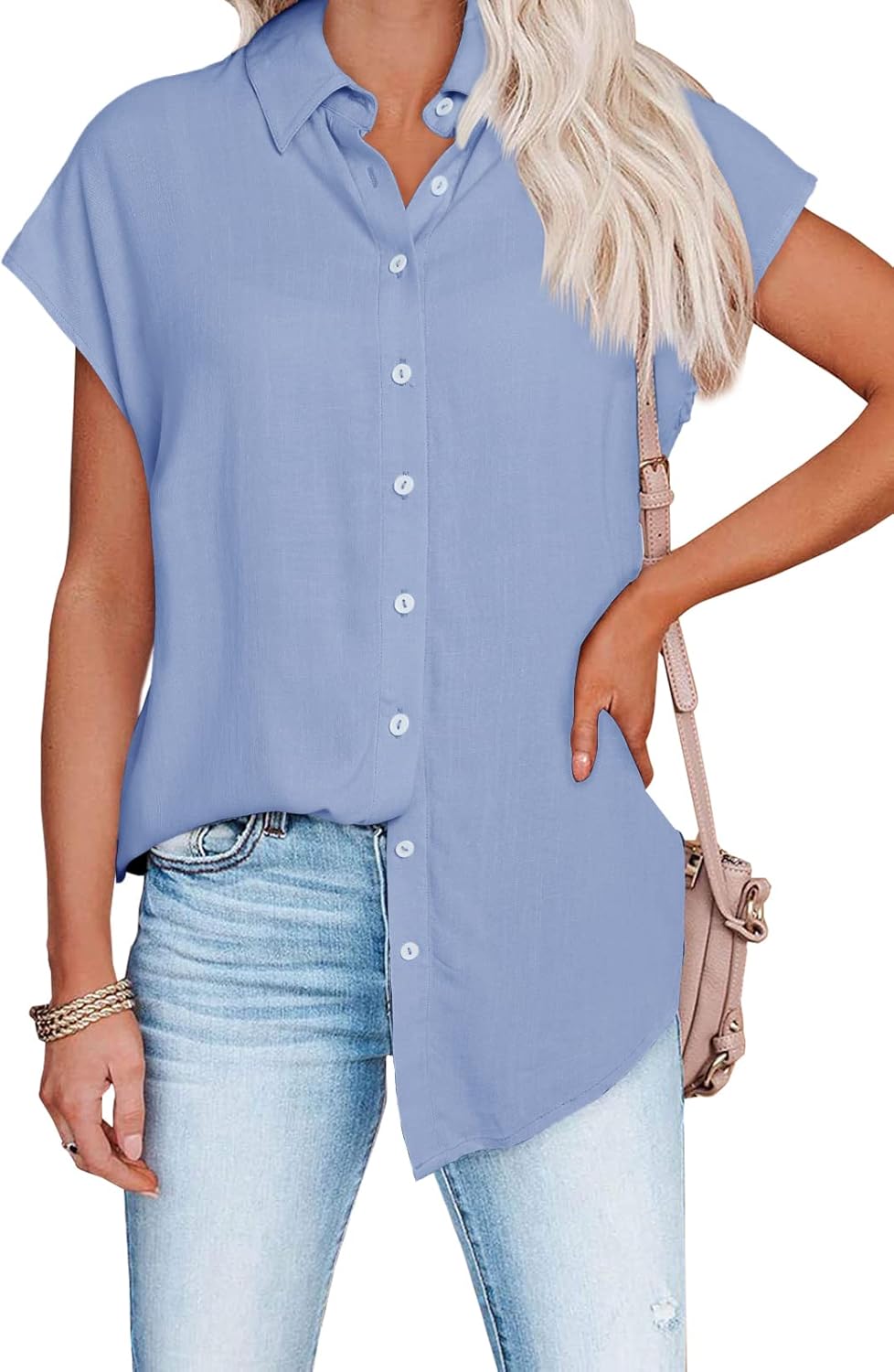 Womens Work Blouses Cap Sleeve Button Down Tops V Neck Collared Casual Business Plain Basic Summer Shirts - Image 2