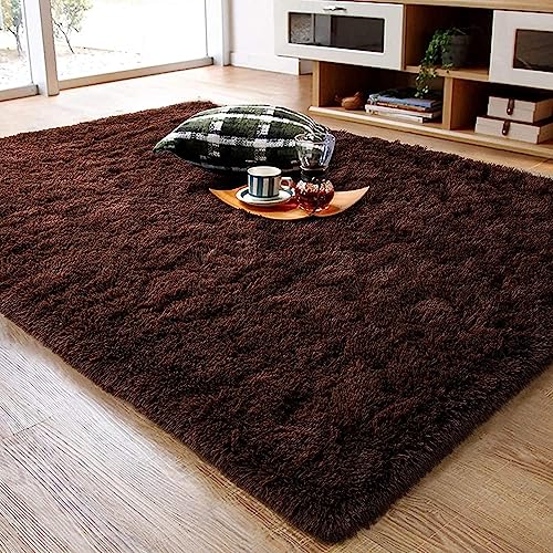 Image of Urban Modern Decor Features 5x8 Feet Modern Soft Shaggy Carpet Thick, Fluffy & 2 inch Pile Shag Rug for Your Kids Room, Bedroom & Livingroom(5x8 feet, Brown Plain)