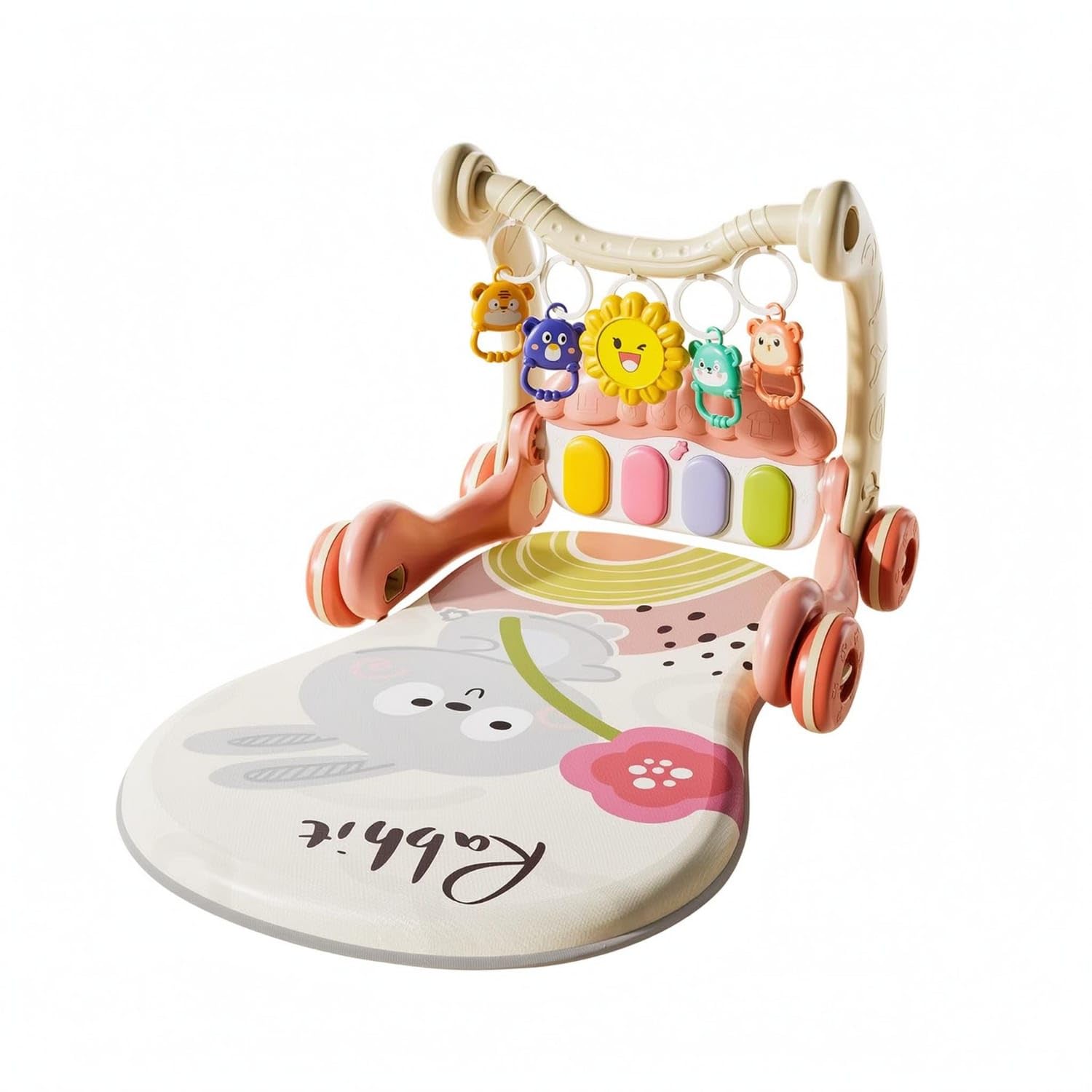Bnf® Detachable Play Mat 2-in-1 Baby Activity Gym Stroller Curved Push Handle Baby Activity Stroller Hanging Animal Toys Walk-Behind Guide Piano-Style Keys for Babies, Walking Practice, Pink-picture-32