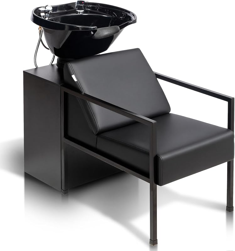 OmySalon Salon Shampoo Bowl and Chair, Hair Washing Station w/Tilting Sink & Storage Cabinet, Backwash Barber Chair for Barbershop Beauty Spa Massage Hairdressing