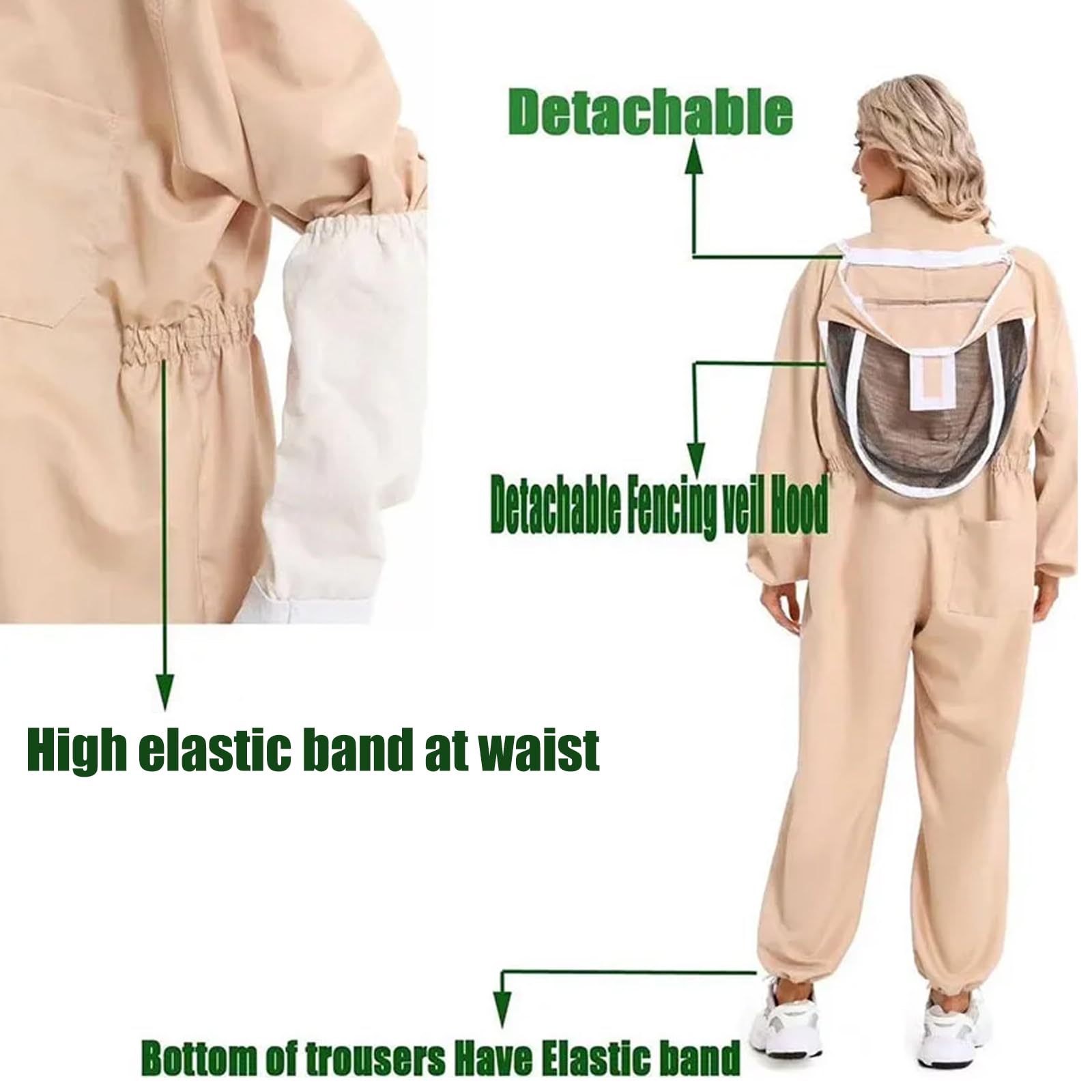 Tuta protettiva per apicoltore con velo rimovibile, guanti in pelle di capra, copertura completa, per ispezione colonica, accessori per apicoltura, tuta da apicoltura con velo staccabile
