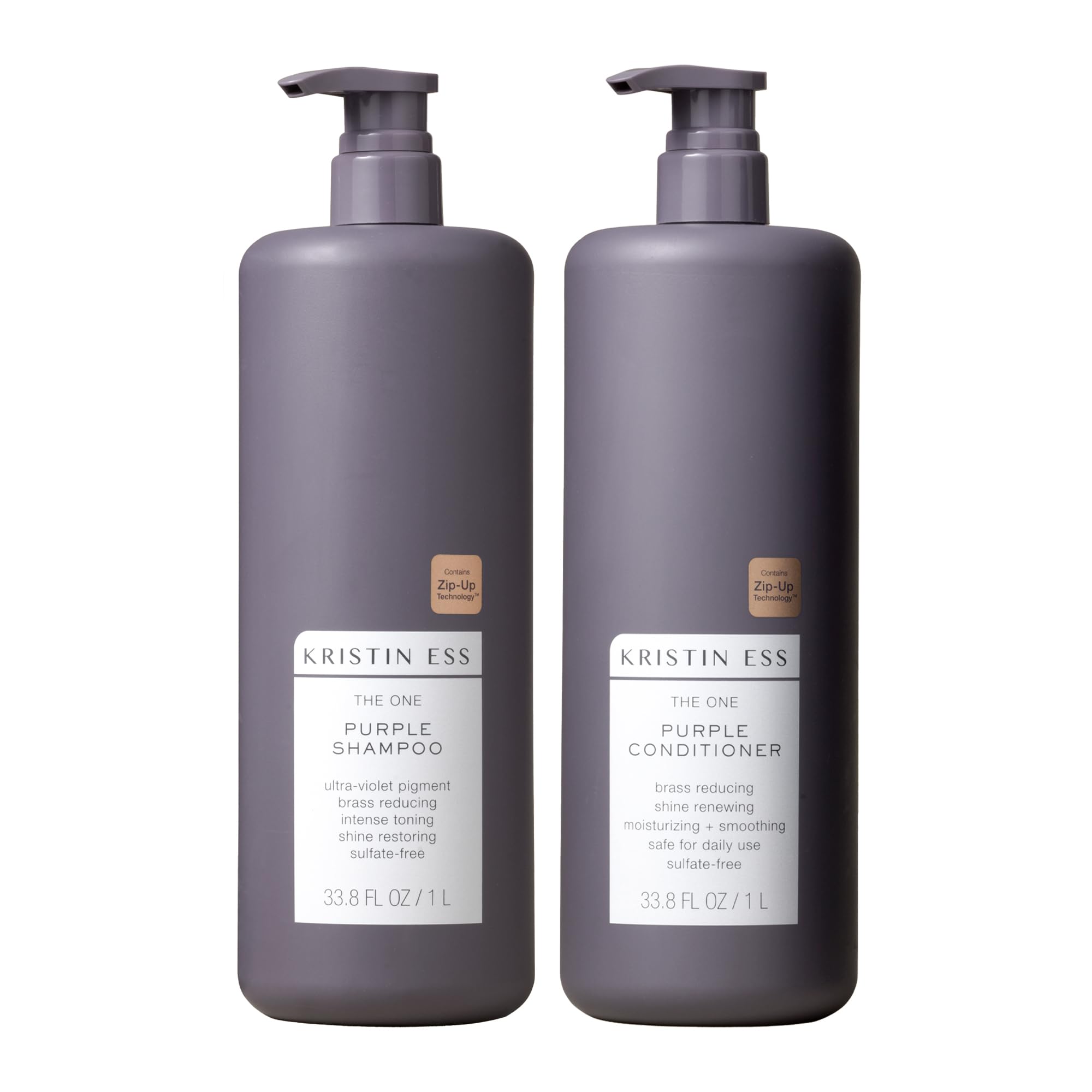 Kristin Ess Hair Purple Shampoo and Conditioner Set for Blonde, Brunette, Silver + Gray Hair, Anti Brass + Yellow Tones, Safe for Color Treated Hair, Sulfate Free Toning Shampoo Conditioner - 1 Liter