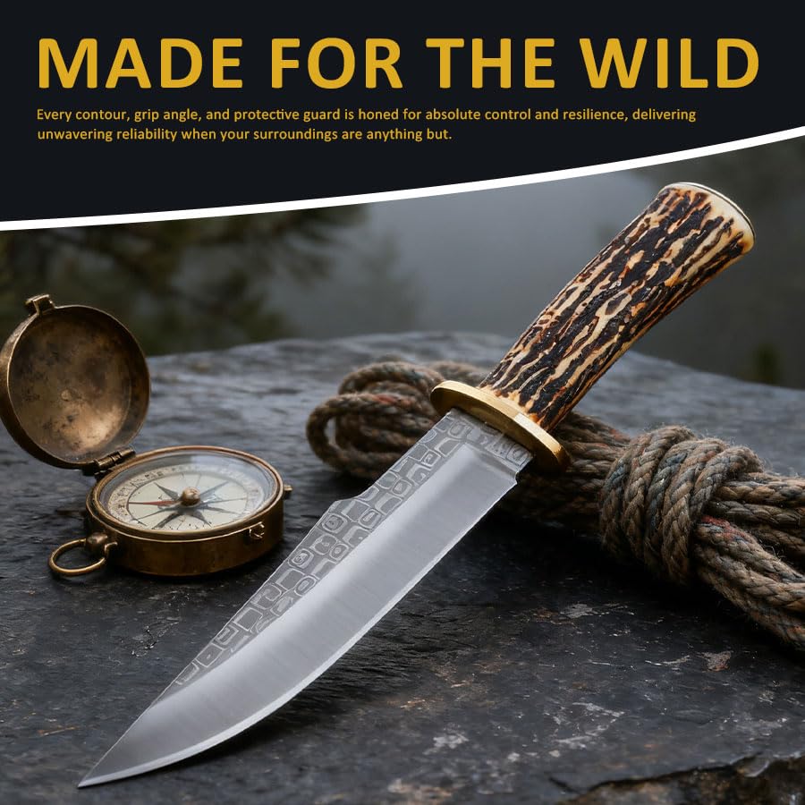 Couteau Outdoor 31cm – Lame Clip-Point Style Californien avec Texture Patinée, Garde Classique en Laiton, Poignée Imitation Corne de Cerf, Compagnon Robuste pour la Nature