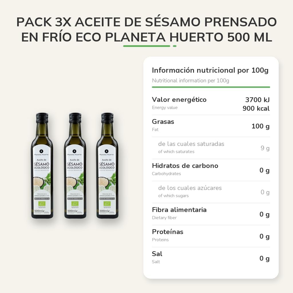 PLANETA HUERTO | Pack 3x Aceite de Sésamo ECO 500 ml – Aceite de Sésamo Virgen Prensado en Frío, 100 % Natural, Rico en Grasas Saludables y Antioxidantes