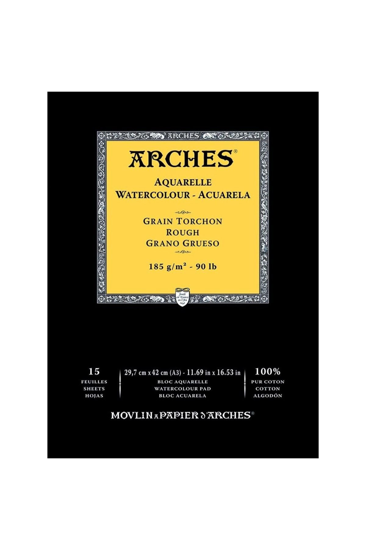 Arches Bloc aquarelle collé 1 face (15 feuilles) - Grain torchon - Blanc naturel 185 g/m² - A3