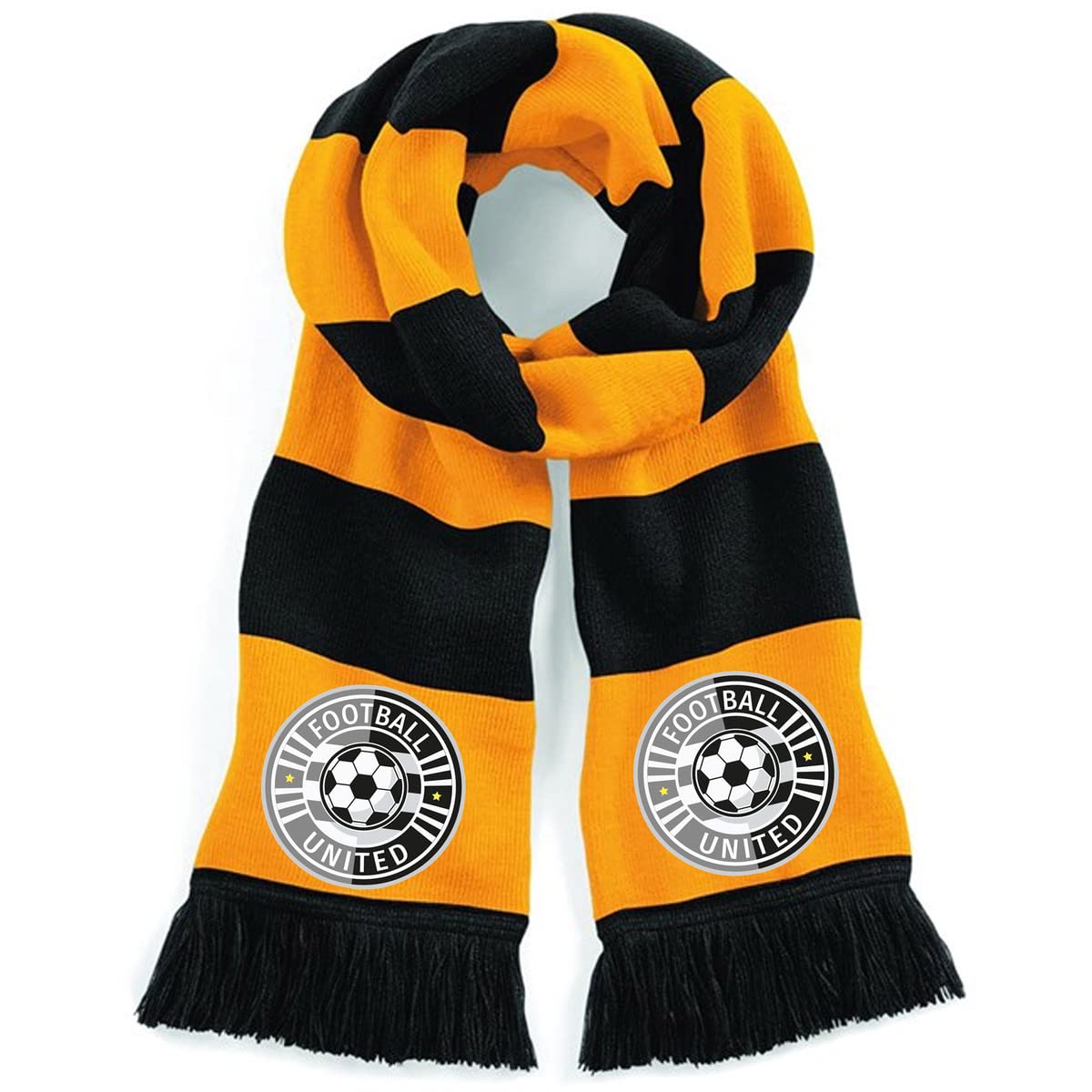 Black And Yellow Personalised Football Scarf For Your Team - Printed Full Colour Badge - Your Team