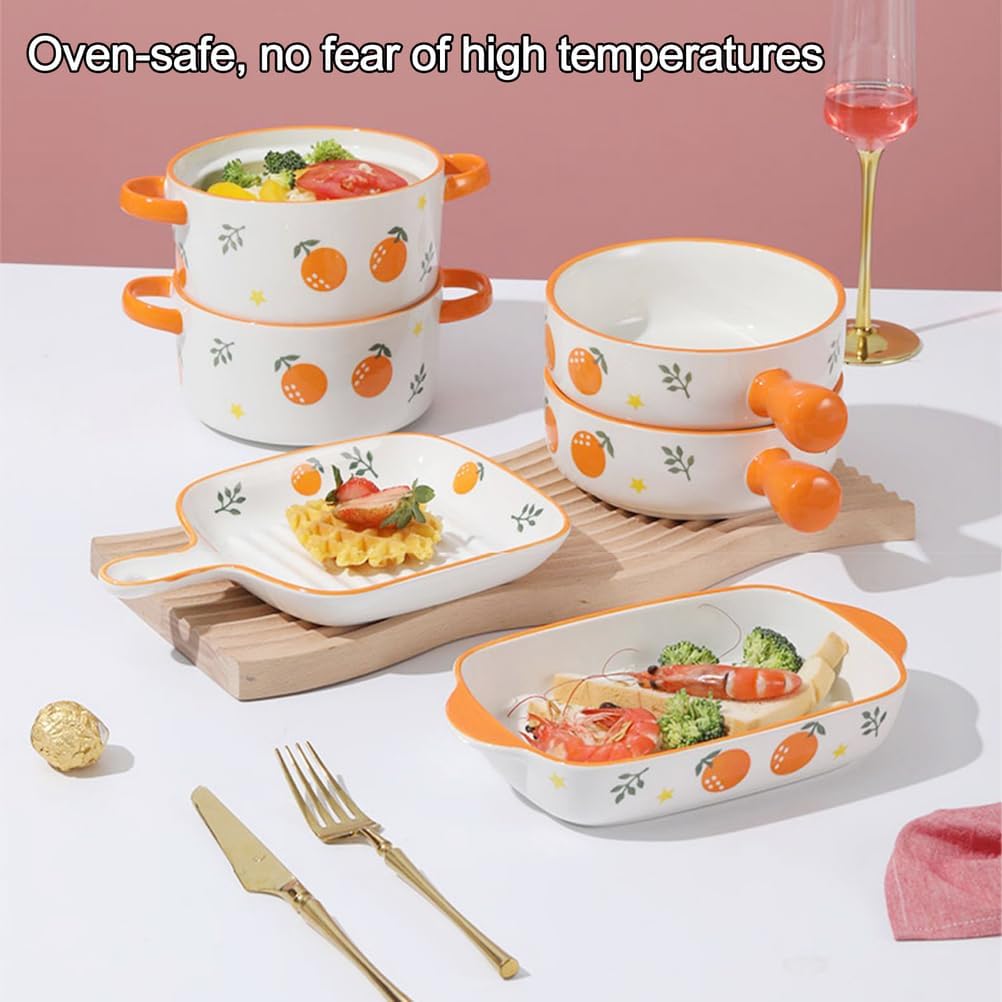 Dxcaicc Lasagne Dish Ceramics Round Creative Fresh Fruit Pattern Double-Handled with Lid Soup Pot on Birthday Wedding Parties Christmas New Year's Day,Orange
