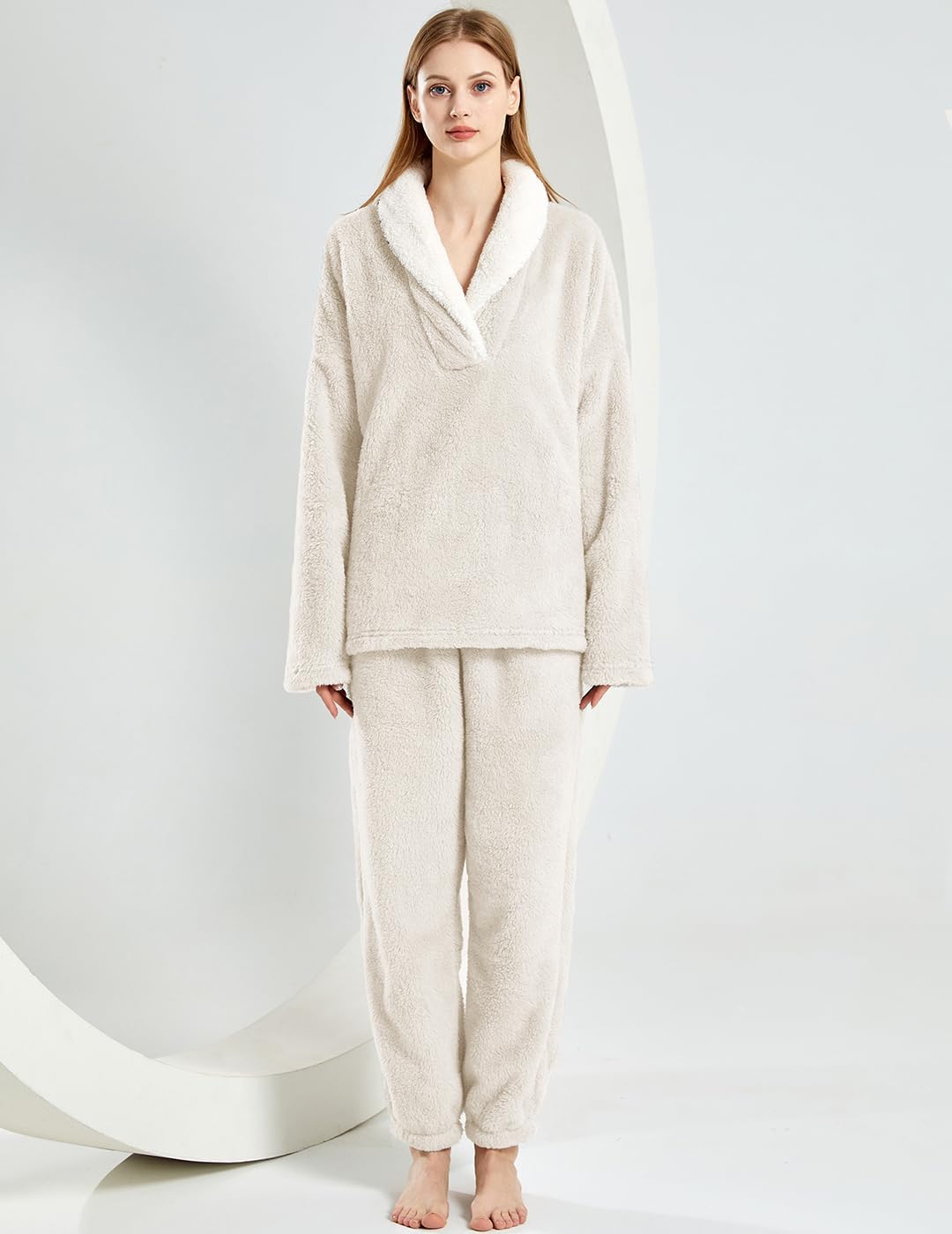 Women's Fluffy Loungewear Sleepwear Lounge Casual Pajamas Sets Loose Long Sleeve Fleece Pullover and Pants Set - Image 2