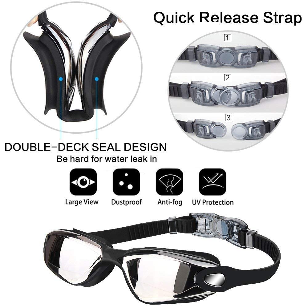 Schwimmbrille, verspiegelt, 3 Größen, austauschbarer Nasensteg (nur 2. Generation), beschlagfrei, UV-Schutz, kostenlose Nasenklammer, Ohrstöpsel, Netzbeutel, kein Auslaufen, verstellbar