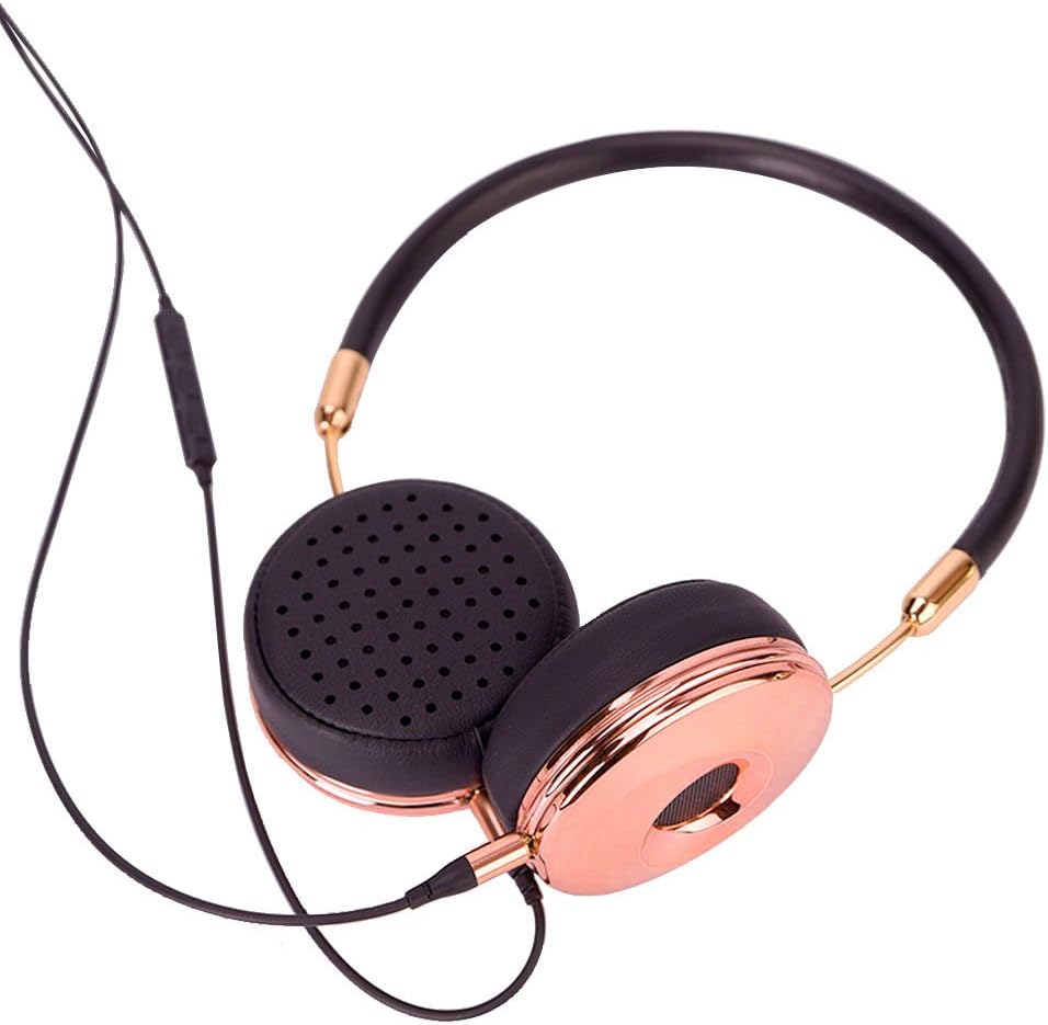 Fashion Rose Gold On-Ear Headphones with Microphone for iPhone Samsung Cell Phones with Storage Bag Foldable for Women (Black Rose)