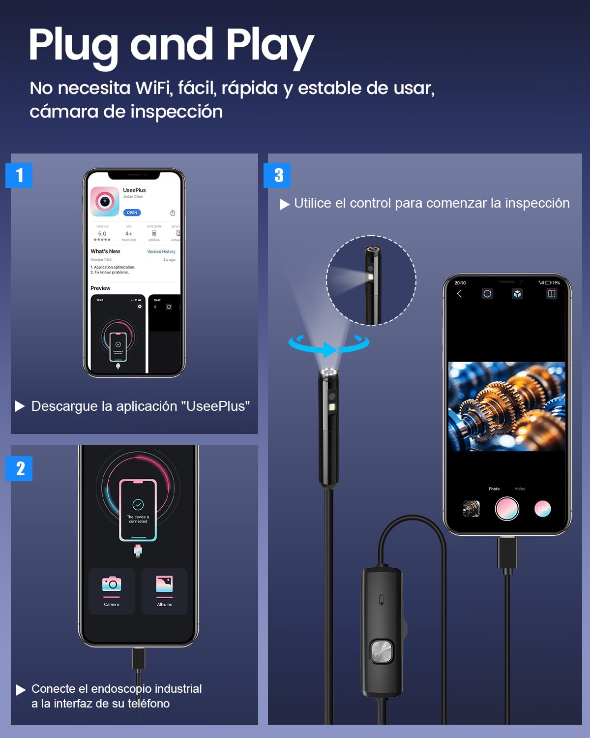 Endoscopio Cámara de Inspección, Cámara Endoscópica para Móvil 1920P HD, IP67 Boroscopio Digital Industrial Tuberias con 8 Luces LED, Cable Semirrígido para Android e iOS