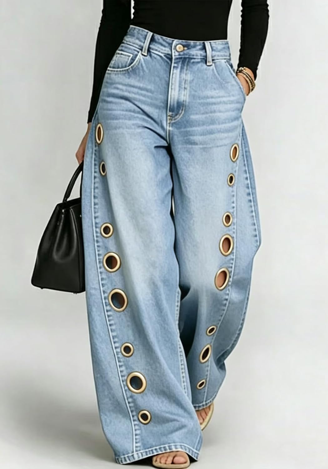 Unybwonn Women Wide Leg Jeans High Waist Metal Circle Ring Cut-Out Barrel Denim Pants Ripped Distressed Y2k Jean Trousers