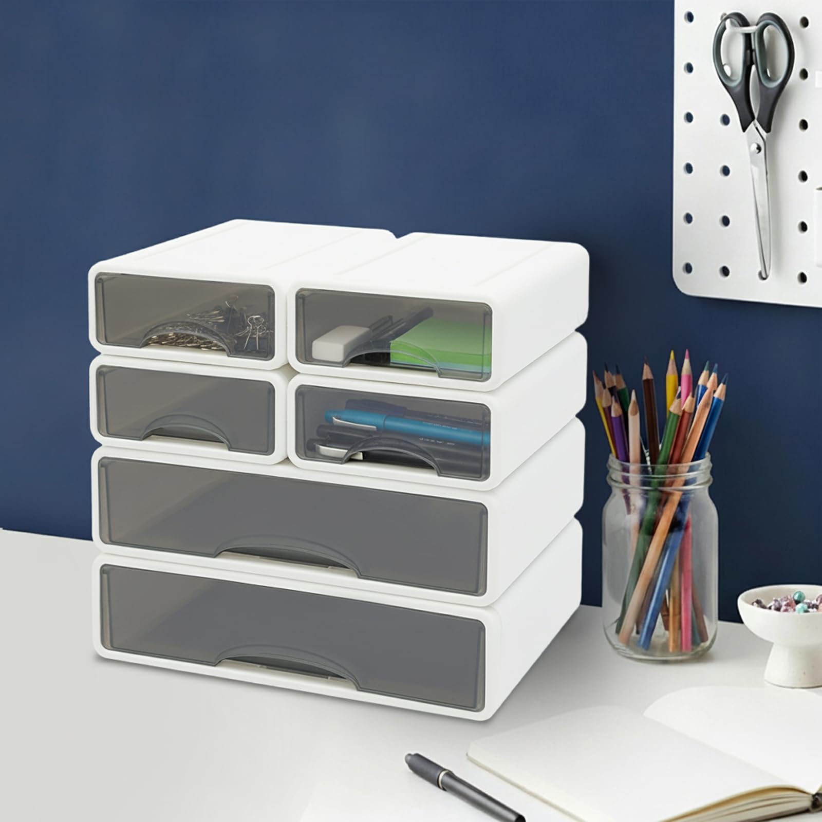 Organizer da scrivania bianco con 6 cassetti, impilabile, per ufficio e casa, moderno sistema di archiviazione per cosmetici, cancelleria e documenti, in plastica, antipolvere