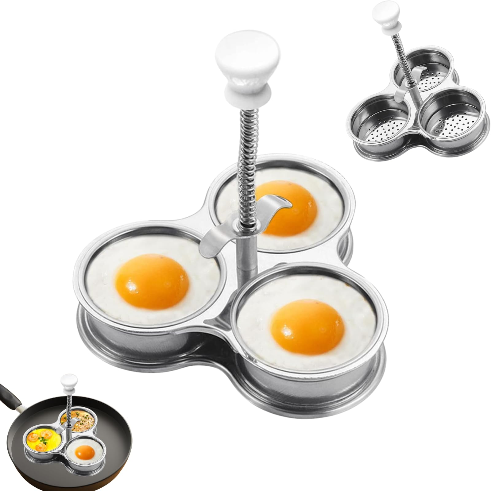 Egg Poacher Pan, Stainless Steel Maker with Three Cups, Round Cooker Basket for Quick Breakfast Preparation, Kitchen Boiler Cooking Accessories (Silver)