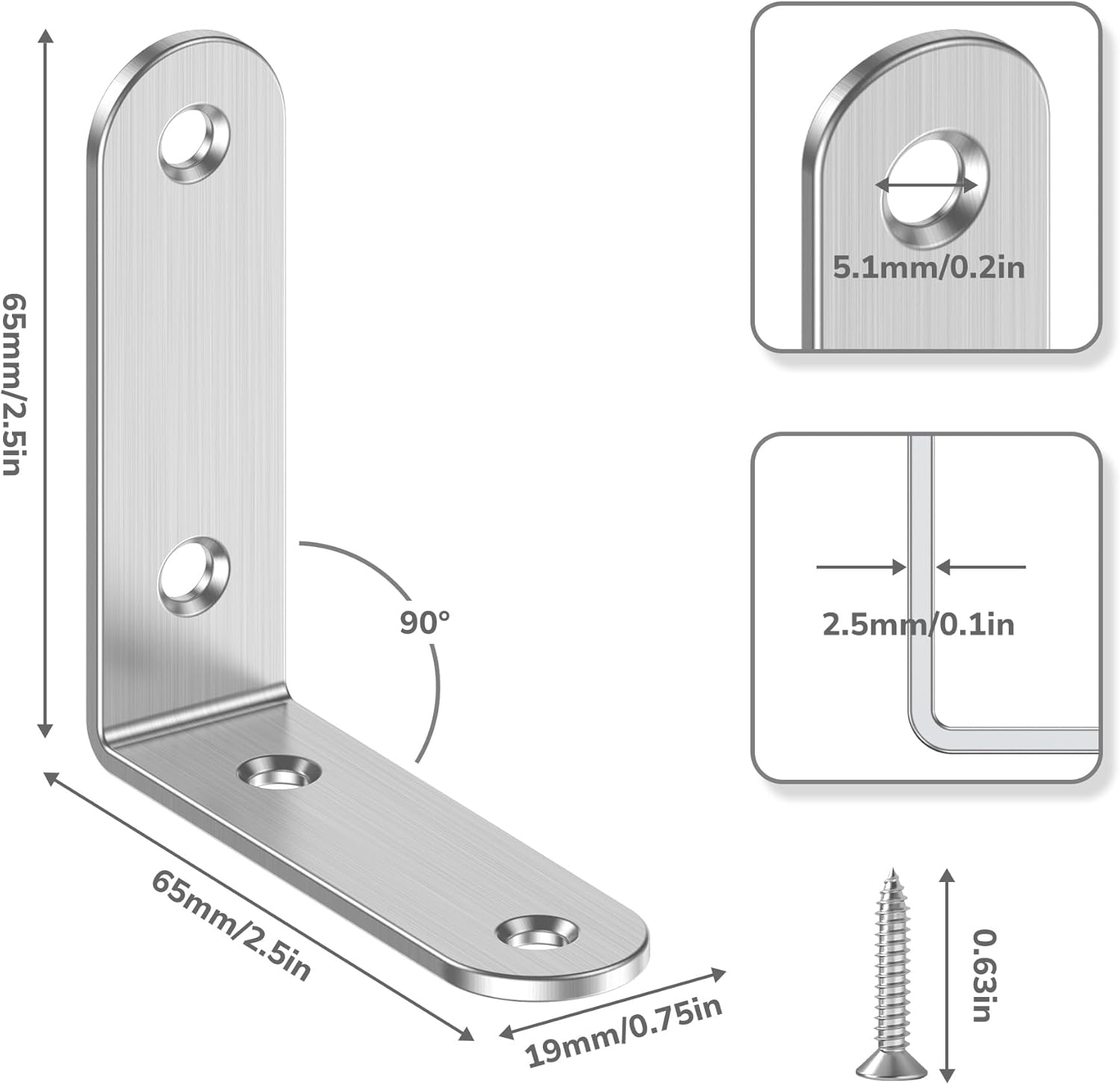 20 Pcs L Bracket Coner Brace, 2.5" x 2.5" Heavy Duty Brushed Stainless Steel Thick L Corner Bracket, 90 Degree Right Angle Shelf Brackets with Screws for Wood Furniture, Chairs, Silver