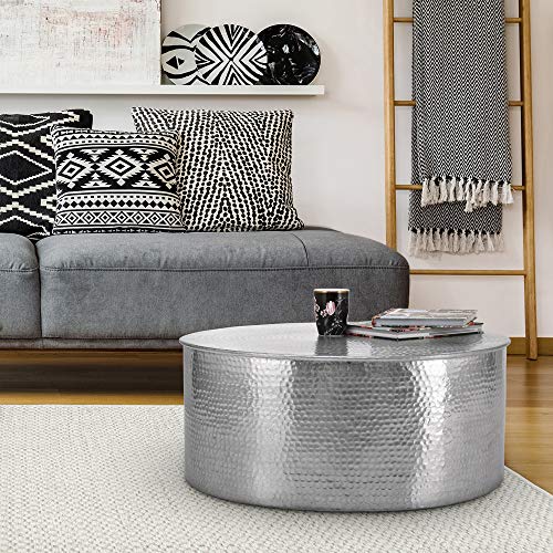 WOMO-DESIGN Table Basse Martelée de Salon - Table d'Appoint Ronde Artisanale Ø 76 x 32 cm - Aluminium Argenté - Design Oriental - Finition Martelée - Décoration Intérieure Table Canapé Café Unique