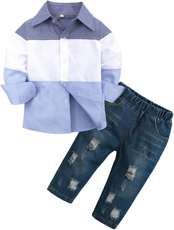 MYGBCPJS 3Pcs Boy Handsome Outfit Set Plaid Shirt + T-Shirt + Suspender Jean Sets