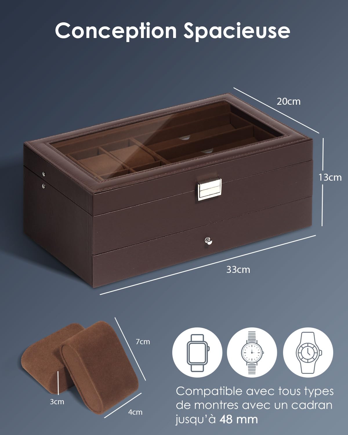 Kukikan Boîte à bijoux pour montre, boîte de rangement pour montres et lunettes de soleil avec grand couvercle en verre, 6 emplacements et 2 couches, boîte à bijoux pour homme avec serrure, présentoir