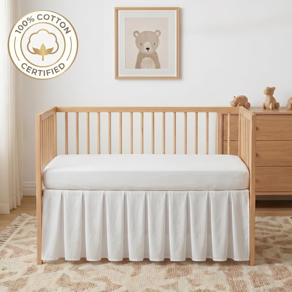 Baby Crib Skirt Pleated Dust Ruffle for Unisex Baby Boys or Girls Soft Breathable Nursery Crib Toddler Standard Bedding Skirt 28" x 52" with 14" Drop (White)