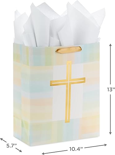 Miniatura 3 de Hallmark Bolsa de regalo grande de 13 pulgadas con papel de seda (cruz dorada, verde, amarillo) para Pascua, primera comunión, confirmación, bodas,