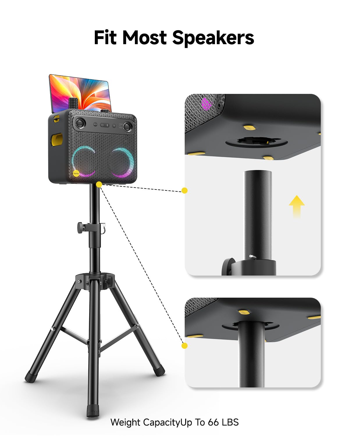 Ikarao Supporto per Altoparlanti regolabile 91-119 cm, Treppiede robusto in acciaio al carbonio, innesto 35 mm, portata 30 kg, per macchina karaoke, PA, DJ e feste, Nero