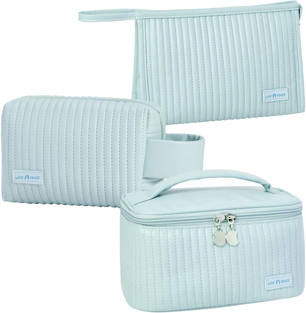 Makeup Bag 3 Pcs Cosmetic Bags Set, PU Striped Leather Toiletry Bag, Portable Waterproof Travel Makeup Organizer, Cute Make up Bags for Women and Girls