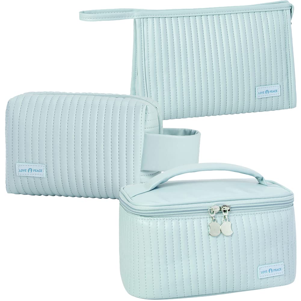 Linpr Makeup Bag 3 Pcs Cosmetic Bags Set, PU Striped Leather Toiletry Bag, Portable Waterproof Travel Makeup Organizer