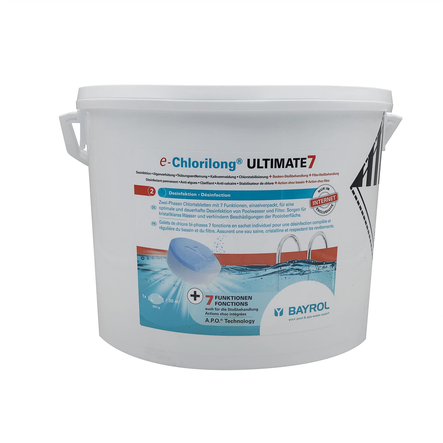 BAYROL e.CHLORILONG Ultimate 7 Galet 300g - 10,2kg | Chlore Lent Stabilisé Multiaction - Désinfection Régulière Multifonction avec Action Choc - Dissolution Lente + 10 Tests HPS OFFERTS 6 en 1