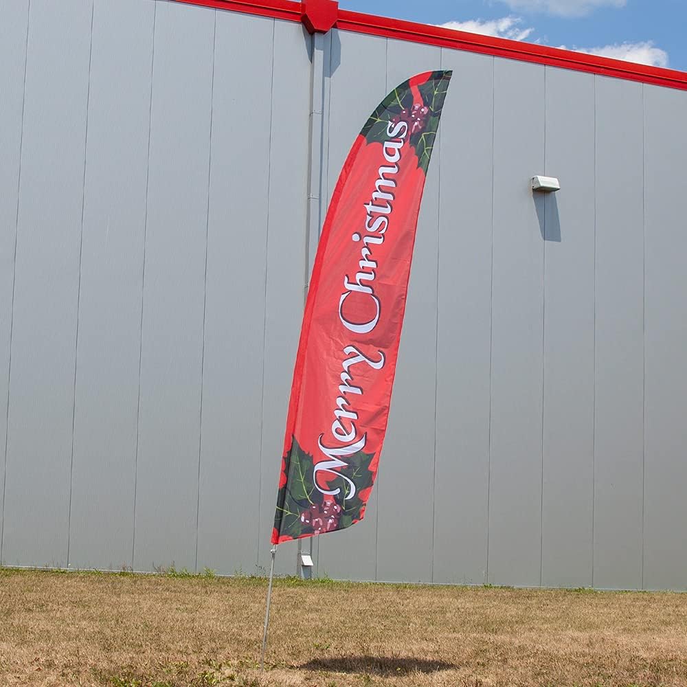 Vispronet Merry Christmas Feather Flag – 2.6ft x 11.2ft Christmas Banner for Businesses & Homes – Weather-Resistant Knitted Polyester – Outdoor Christmas Decor – Printed in the USA – Flag Only