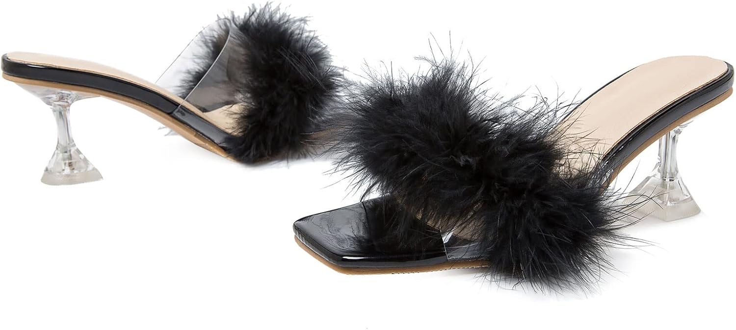 Heiyom Women's Square Toe Low Stilettos Heels Mules Sandals Fluffy Feather Slip on Clear Low Heels Wedding Bridal Party Dress Shoes - Image 6