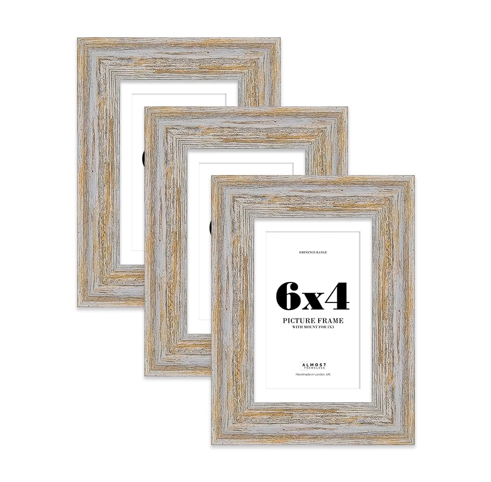 6x4" Walnut Woodgrain Picture Frame with 5x3" Mount - Shabby Chic Photo Frame with Distressed Finish, Wall Hooks and Kickstand, 32mm Edge - 3 Pack