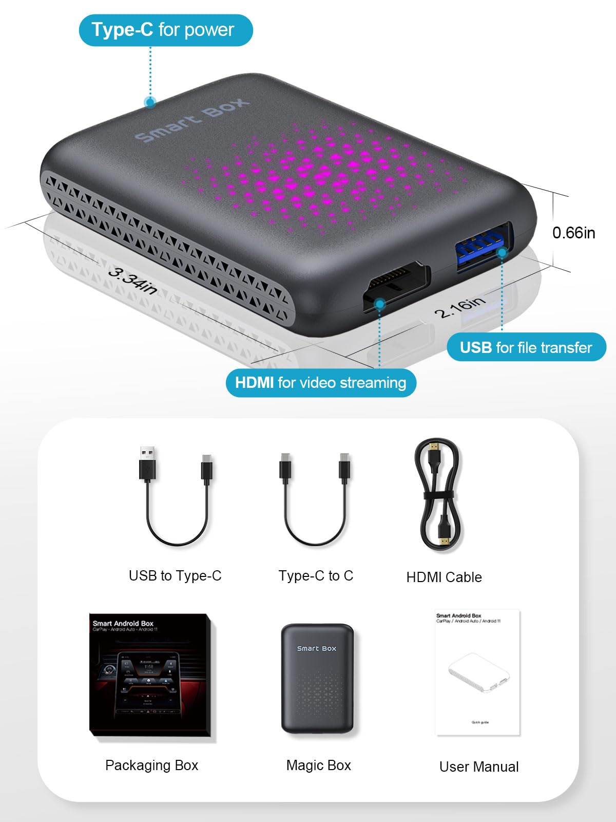 CarPlay Adaptador Inalámbrico 3 en 1 para Apple CarPlay y Android Auto, Módulo AI Box con Netflix, Youtube, TikTok