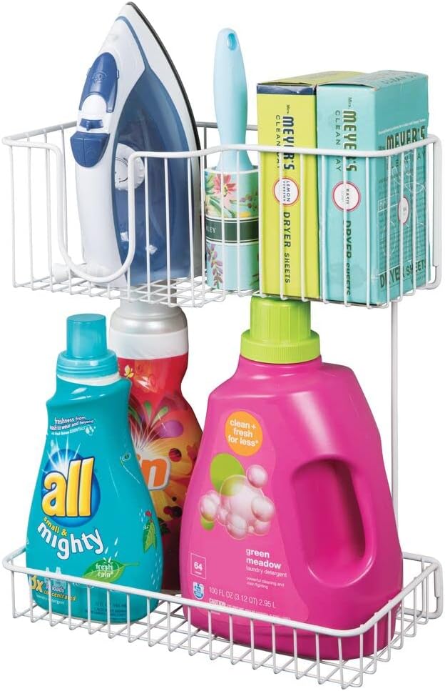 mDesign Metal Wire Wall Mount Laundry Room Storage Organizer, 2 Levels - Large Basket Holds Iron, Lower Shelf Holds Laundry Detergent, Fabric Softener, Stain Remover - White