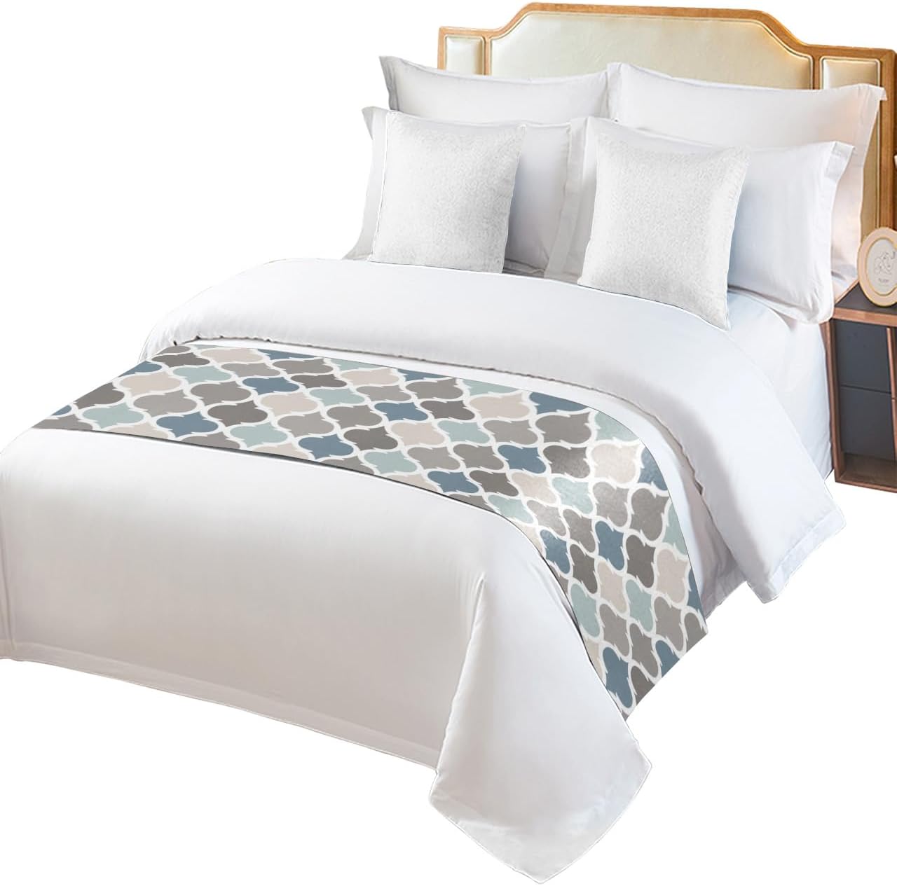 Teamery Bed Runners & Scarves, Moroccan Pattern Indigo and Gray Bed Runner, Bed Scarf Protector Decorative Accent Bedding Scarf for Hotels Homes and Guestrooms, 102 x 20 inches