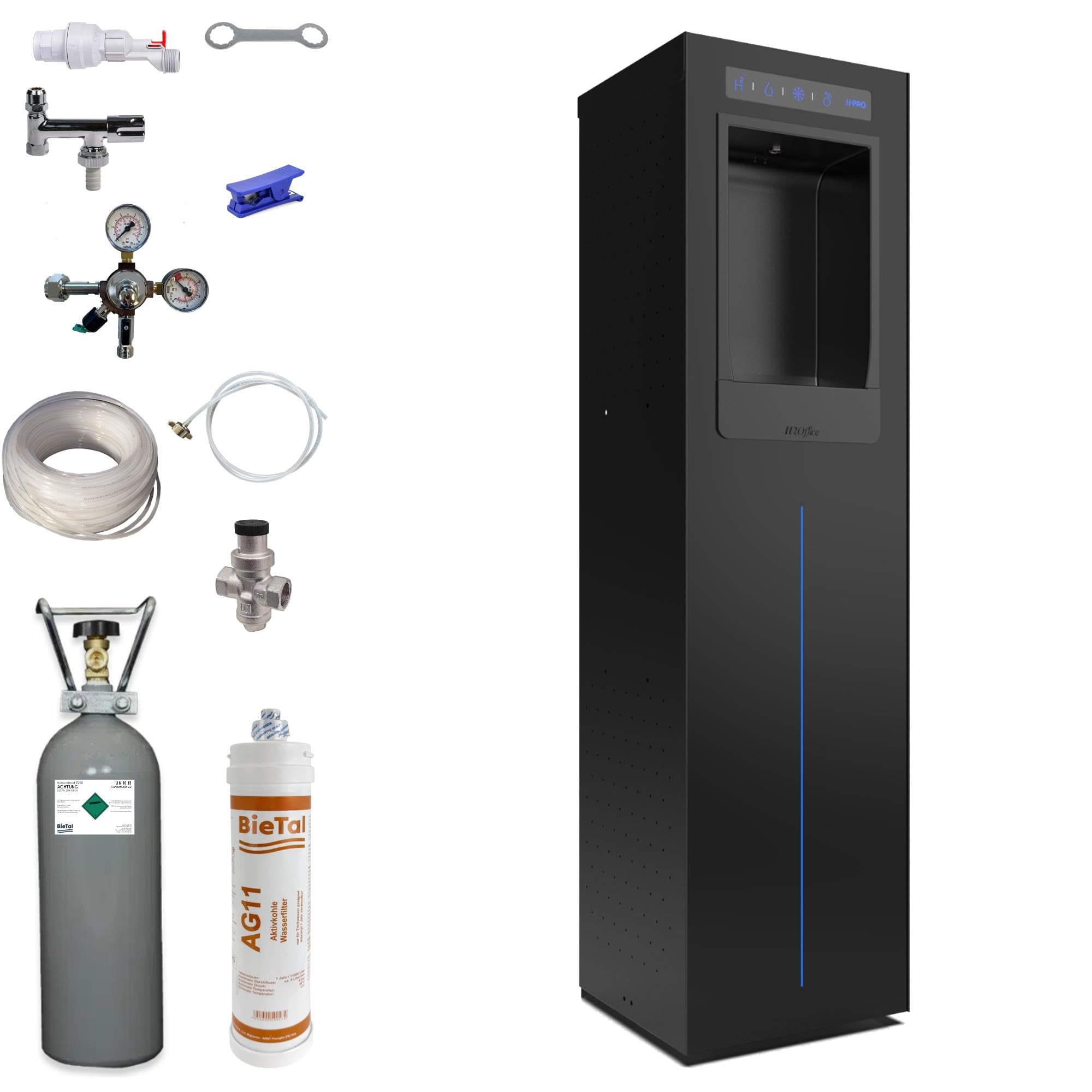 Italbedis H2Office PRO Plus Schwarz Set Premium Tafelwasseranlage mit Kühlung 30 Liter pro Stunde Sprudelwasser Trinkwasser Wasserspender Wassersprudler mit Wasserfilter AG 11 inkl 2 kg CO2 Flasche