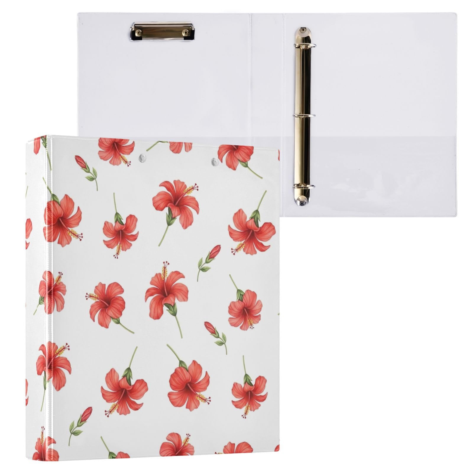 Raccoglitore a 3 anelli, confezione da 2 raccoglitori ad anelli a D con tasche grandi, motivo fiori di ibisco rosso, verde e bianco, per scuola, università, ufficio