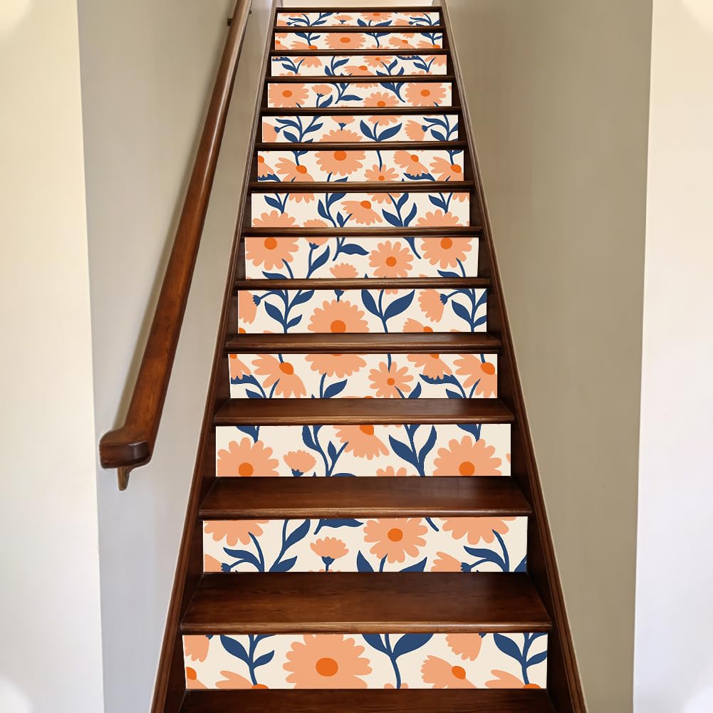 TNKBREEZE 15 Strips Retro Daisy Floral Stairs Stickers Orange Pink Flower Peel and Stick Stair Riser Decals Removable Self-Adhesive PVC Art Sticker Decor for Steps Staircase Murals Decals 39.37×7.09in