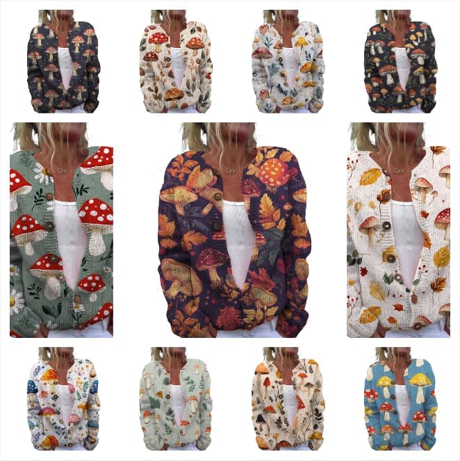 Womens Trendy Sweater Cardigan Mushroom Print Button Up Oversized Long Sleeve Floral Sweaters Plus Size Tops - Image 4