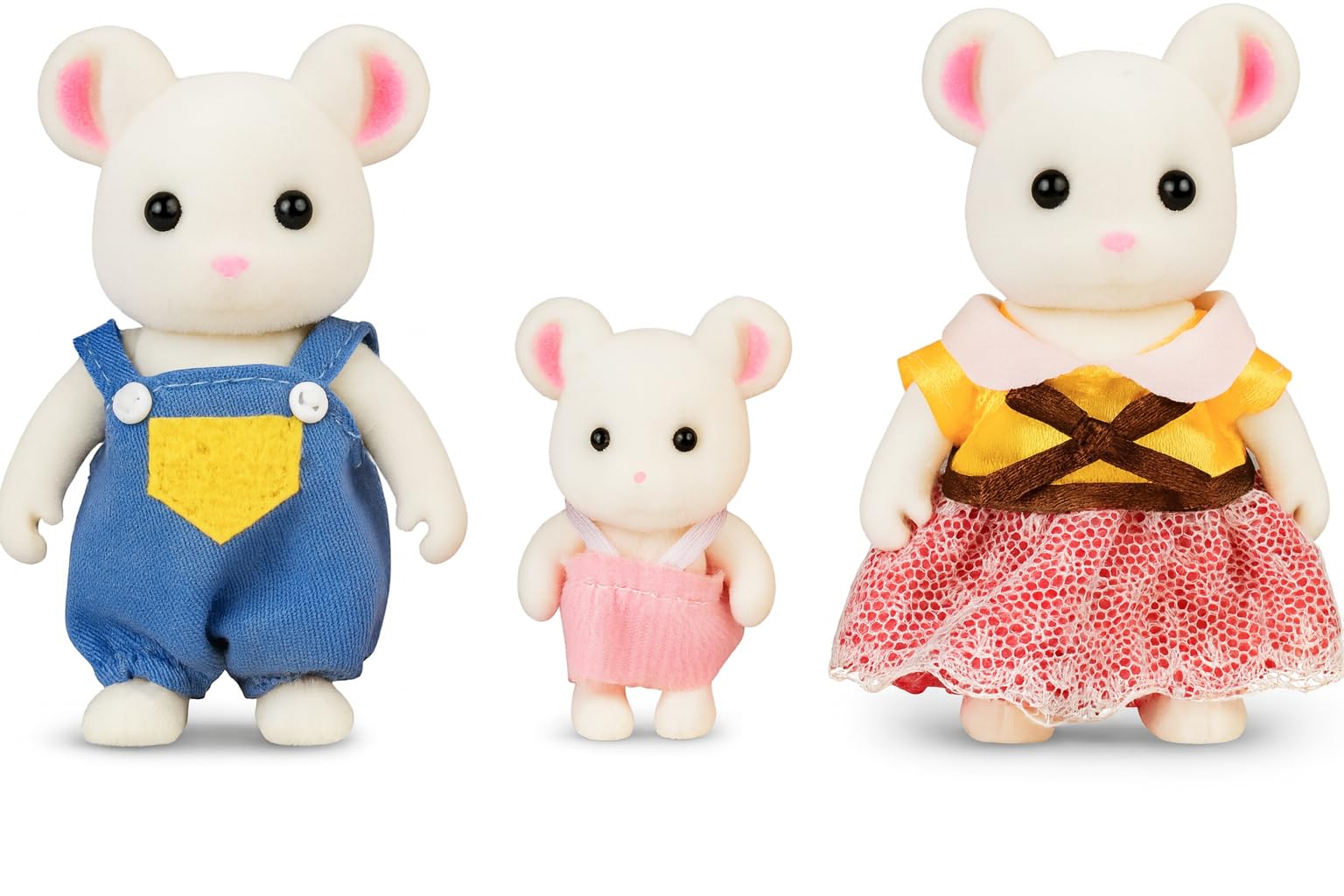 Family White Mouse Figures — Set of 3 Collectible Flocked Mini Dolls with Removable Clothes, Miniature Dollhouse Pretend Play Figures for Kids Ages 3+