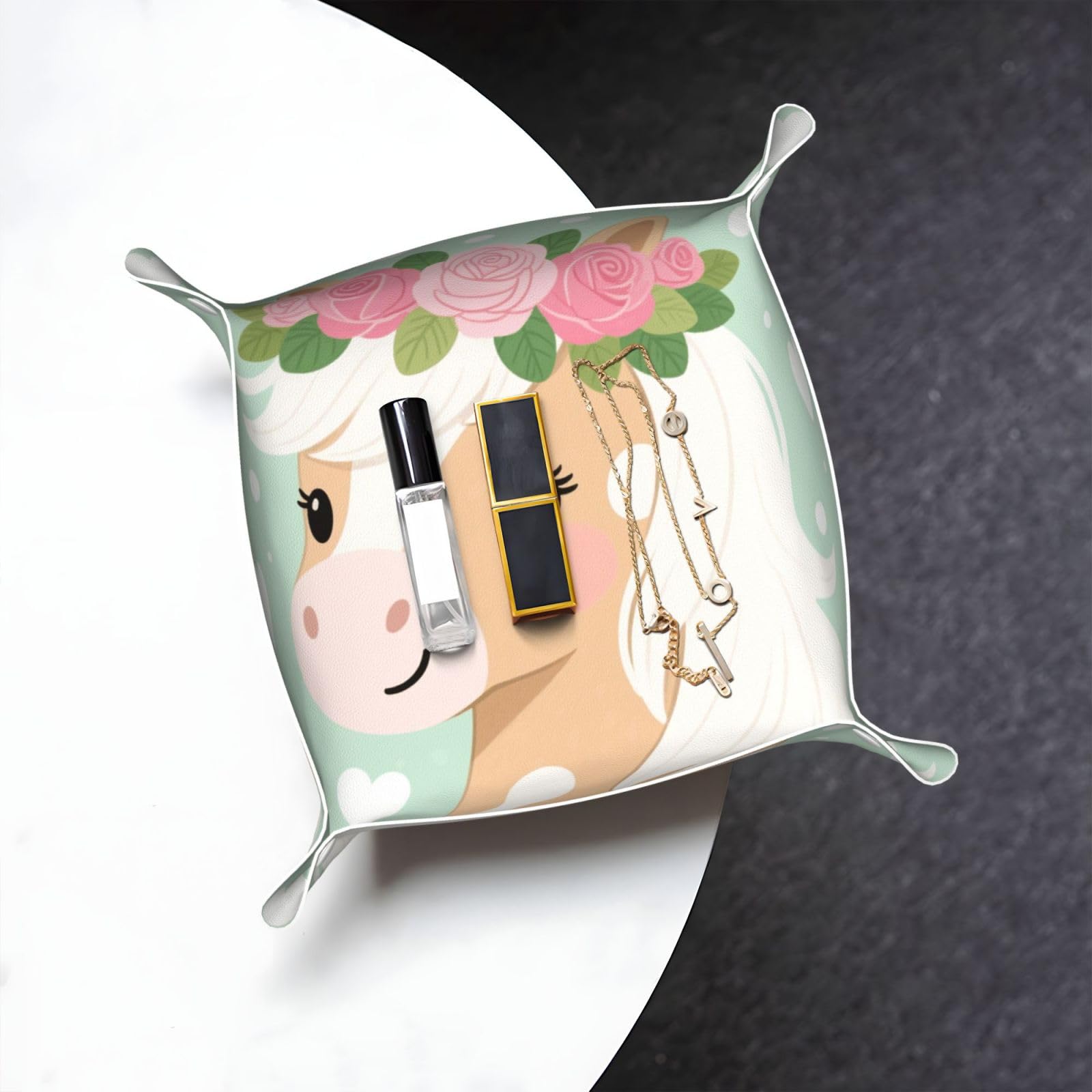 Cute Horse with Flowers Valet Tray Organizer Pu Leather Travel Catchall Tray Organizer Portable Jewelry Tray Storage Keys Tray for Entryway Table Coins Watches Candy