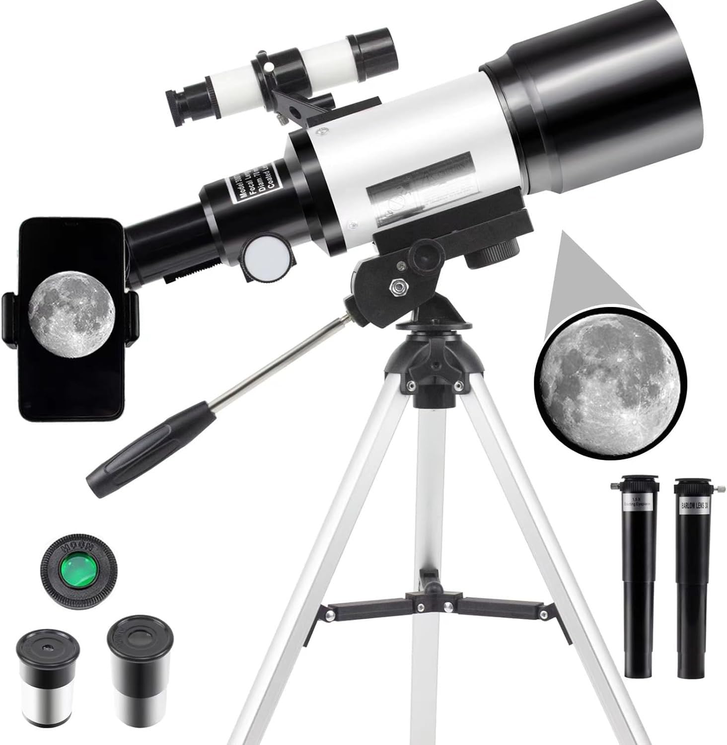 Telescope, Telescopes for Adults Kids Beginners, 70mm Aperture Astronomy Refractor High Magnification Telescopes (15X-150X) with Tripod, Phone Adapter and Moon Filter (White)
