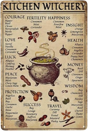 EMOHAT kitchen witchery Spice and Cooking Herbs Witchcraft Witch Fun World Education Science Classroom Infographic Funny Metal Tin Sign halloween