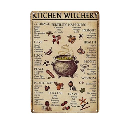 EMOHAT kitchen witchery Spice and Cooking Herbs Witchcraft Witch Fun World Education Science Classroom Infographic Funny Metal Tin Sign halloween Decorative School Farm Wall Decor 8x12 inch