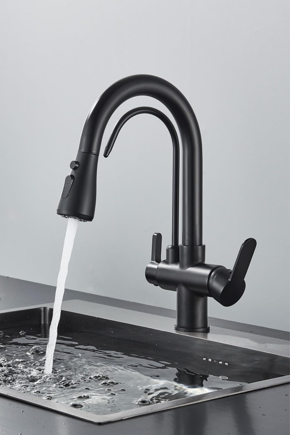 Grifo de cocina 3 vías Nordic negro mate con conexión filtro agua, manguera extraíble, giratorio 360°
