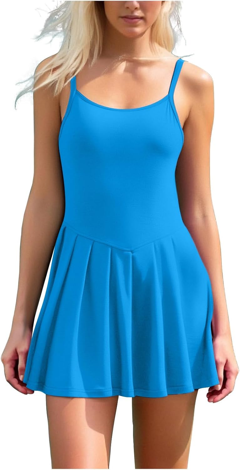 Athletic Dress for Women Spaghetti Strap Pleated Mini Dresses Flowy Solid Fitted Workout Tennis-Dress Activewear